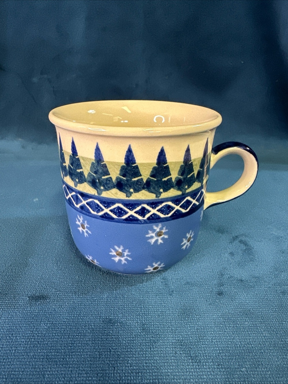 Polish Pottery Trees Snowflakes Blue Green Mug